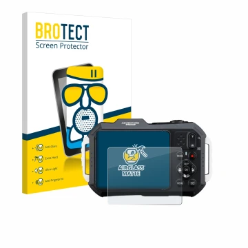 Face avant d’un emballage produit avec le logo de la marque BROTECT. À côté, l’appareil Ricoh Pentax WG-1000 est représenté av