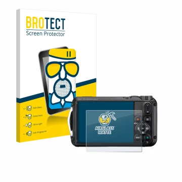 Face avant d’un emballage produit avec le logo de la marque BROTECT. À côté, l’appareil Ricoh Pentax WG-8 est représenté avec 