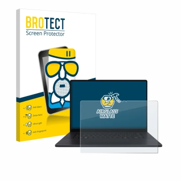 Face avant d’un emballage produit avec le logo de la marque BROTECT. À côté, l’appareil ASUS ProArt P16 est représenté avec la