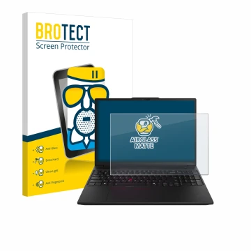 Face avant d’un emballage produit avec le logo de la marque BROTECT. À côté, l’appareil Lenovo ThinkPad P16s Gen 3 est représe