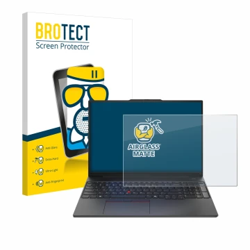 Face avant d’un emballage produit avec le logo de la marque BROTECT. À côté, l’appareil Lenovo ThinkPad E16 Gen 2 est représen