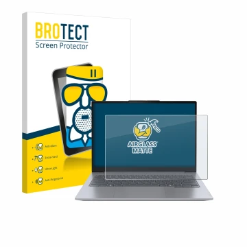 Face avant d’un emballage produit avec le logo de la marque BROTECT. À côté, l’appareil Lenovo ThinkBook 14 Gen 7 est représen