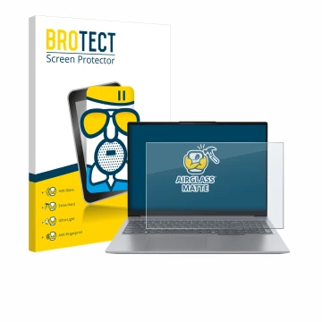 Face avant d’un emballage produit avec le logo de la marque BROTECT. À côté, l’appareil Lenovo ThinkBook 16 Gen 7 est représen