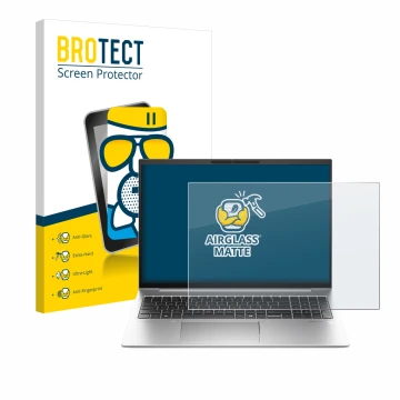 Face avant d’un emballage produit avec le logo de la marque BROTECT. À côté, l’appareil HP EliteBook 845 G11 est représenté av