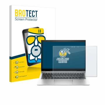 Face avant d’un emballage produit avec le logo de la marque BROTECT. À côté, l’appareil HP Elite x360 830 G11 2-in-1 est repré