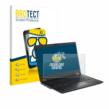 Face avant d’un emballage produit avec le logo de la marque BROTECT. À côté, l’appareil Fujitsu Lifebook U7410 est représenté 