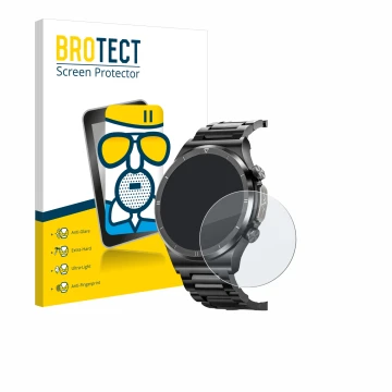 Face avant d’un emballage produit avec le logo de la marque BROTECT. À côté, l’appareil Powerwill Smartwatch 1.39