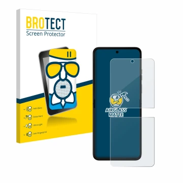Face avant d’un emballage produit avec le logo de la marque BROTECT. À côté, l’appareil Motorola Razr 50 est représenté avec l