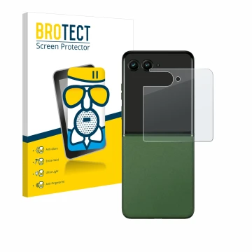 Face avant d’un emballage produit avec le logo de la marque BROTECT. À côté, l’appareil Motorola Razr 50 (Affichage arrière) e