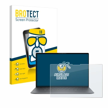 Face avant d’un emballage produit avec le logo de la marque BROTECT. À côté, l’appareil Dell XPS 13 9345 est représenté avec l