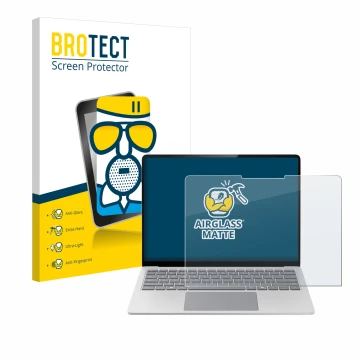Face avant d’un emballage produit avec le logo de la marque BROTECT. À côté, l’appareil Microsoft Surface Laptop 7 13.8