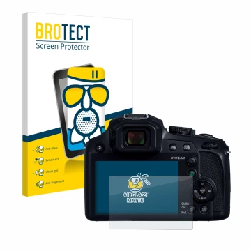 Face avant d’un emballage produit avec le logo de la marque BROTECT. À côté, l’appareil Panasonic Lumix DC-FZ82D est représent
