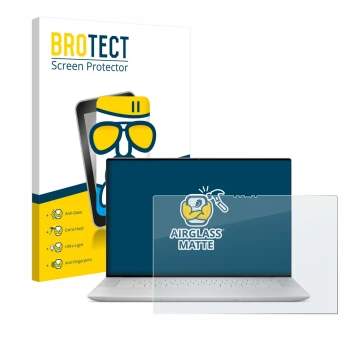 Face avant d’un emballage produit avec le logo de la marque BROTECT. À côté, l’appareil Dell XPS 16 9640 est représenté avec l