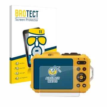 Face avant d’un emballage produit avec le logo de la marque BROTECT. À côté, l’appareil Kodak Pixpro WPZ2 est représenté avec 