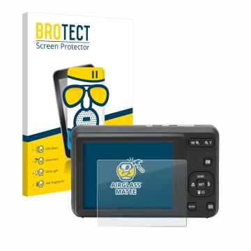 Face avant d’un emballage produit avec le logo de la marque BROTECT. À côté, l’appareil Kodak Pixpro FZ55 est représenté avec 