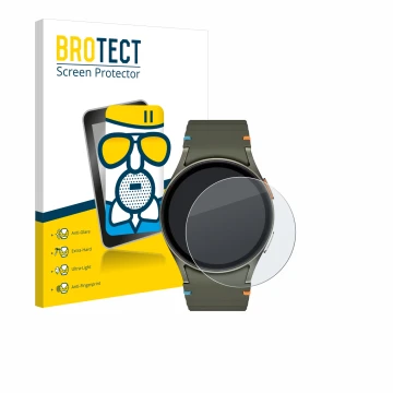 Face avant d’un emballage produit avec le logo de la marque BROTECT. À côté, l’appareil Samsung Galaxy Watch 7 (40 mm) est rep