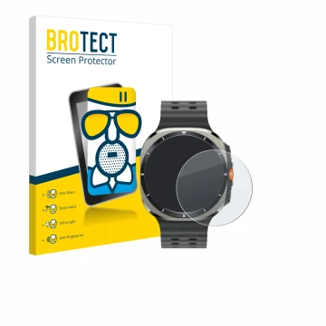Face avant d’un emballage produit avec le logo de la marque BROTECT. À côté, l’appareil Samsung Galaxy Watch Ultra (47 mm) est