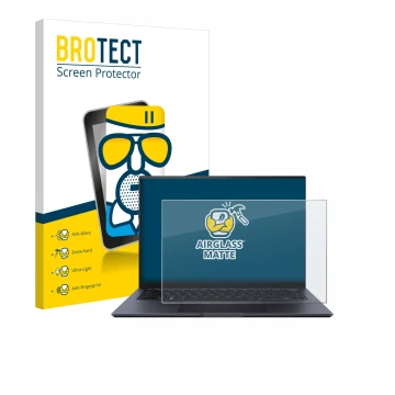 Face avant d’un emballage produit avec le logo de la marque BROTECT. À côté, l’appareil ASUS ZenBook Pro 14 UX6404V est représ