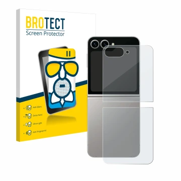 Face avant d’un emballage produit avec le logo de la marque BROTECT. À côté, l’appareil Samsung Galaxy Z Flip 6 (Arrière) est 