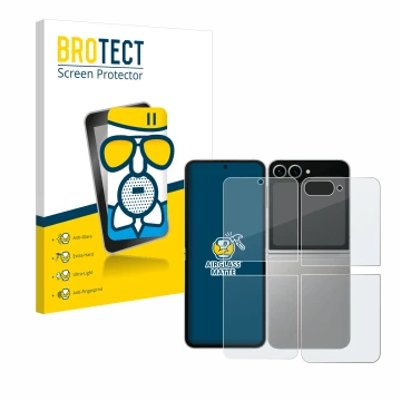 Face avant d’un emballage produit avec le logo de la marque BROTECT. À côté, l’appareil Samsung Galaxy Z Flip 6 (Avant+Arrière