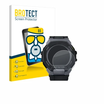 Face avant d’un emballage produit avec le logo de la marque BROTECT. À côté, l’appareil Casio G-Shock G-Squad GBD-300 est repr