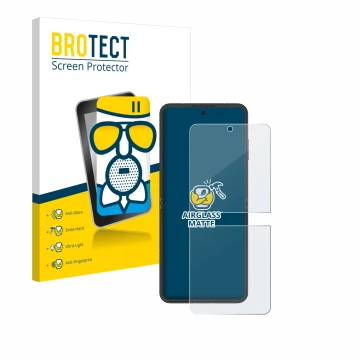 Face avant d’un emballage produit avec le logo de la marque BROTECT. À côté, l’appareil Nubia Flip 5G est représenté avec la p