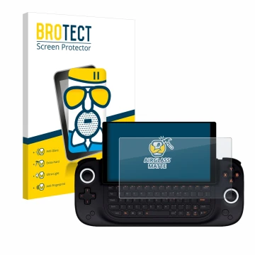 Face avant d’un emballage produit avec le logo de la marque BROTECT. À côté, l’appareil Ayaneo Slide est représenté avec la pr