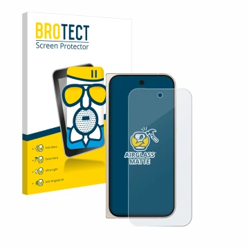 Face avant d’un emballage produit avec le logo de la marque BROTECT. À côté, l’appareil Google Pixel 9 Pro Fold est représenté