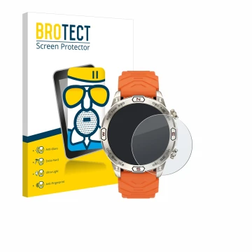 Face avant d’un emballage produit avec le logo de la marque BROTECT. À côté, l’appareil Bytelike Smartwatch 1.43