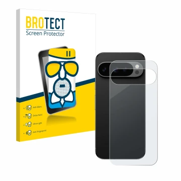 Face avant d’un emballage produit avec le logo de la marque BROTECT. À côté, l’appareil Google Pixel 9 Pro (Arrière) est repré