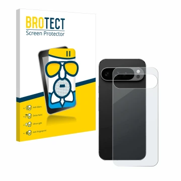 Face avant d’un emballage produit avec le logo de la marque BROTECT. À côté, l’appareil Google Pixel 9 Pro XL (Arrière) est re