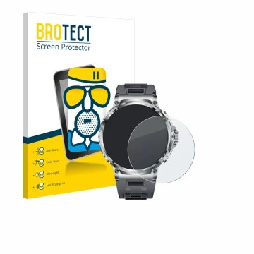 Face avant d’un emballage produit avec le logo de la marque BROTECT. À côté, l’appareil Smartwatch V69 1.85