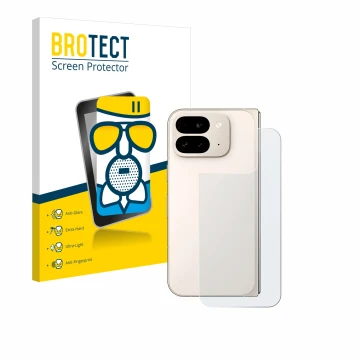 Face avant d’un emballage produit avec le logo de la marque BROTECT. À côté, l’appareil Google Pixel 9 Pro Fold (Arrière) est 