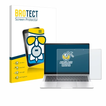 Face avant d’un emballage produit avec le logo de la marque BROTECT. À côté, l’appareil HP EliteBook x360 1040 14 G11 2-in-1 e