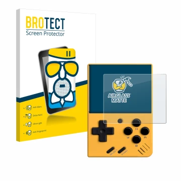 Face avant d’un emballage produit avec le logo de la marque BROTECT. À côté, l’appareil Miyoo Mini V4 est représenté avec la p