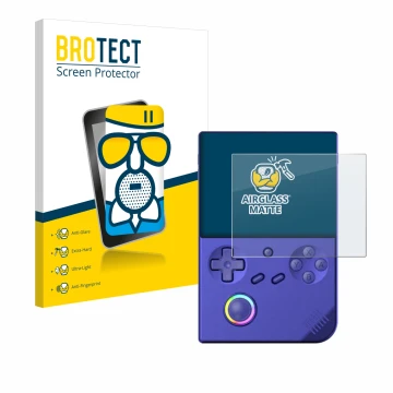 Face avant d’un emballage produit avec le logo de la marque BROTECT. À côté, l’appareil Anbernic RG40XXV est représenté avec l