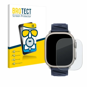 Face avant d’un emballage produit avec le logo de la marque BROTECT. À côté, l’appareil Apple Watch Hermès Ultra 2 est représe