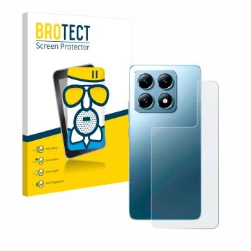 Face avant d’un emballage produit avec le logo de la marque BROTECT. À côté, l’appareil Xiaomi 14T Pro (Arrière) est représent