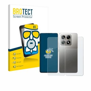 Face avant d’un emballage produit avec le logo de la marque BROTECT. À côté, l’appareil Xiaomi 14T Pro (Avant+Arrière) est rep