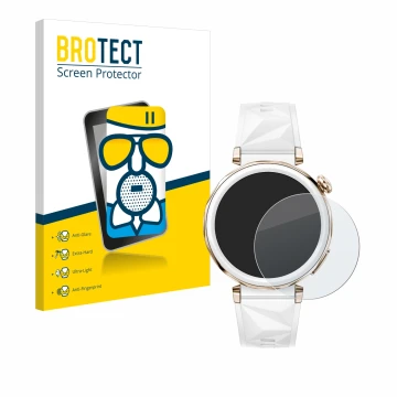 Face avant d’un emballage produit avec le logo de la marque BROTECT. À côté, l’appareil Huawei Watch GT 5 Pro (42 mm) est repr
