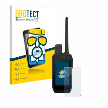 Face avant d’un emballage produit avec le logo de la marque BROTECT. À côté, l’appareil Garmin Alpha 300 K est représenté avec