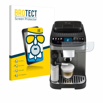 Face avant d’un emballage produit avec le logo de la marque BROTECT. À côté, l’appareil DeLonghi Magnifica Evo Next est représ