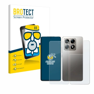 Face avant d’un emballage produit avec le logo de la marque BROTECT. À côté, l’appareil Xiaomi 14T (Avant+Arrière) est représe