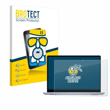 Face avant d’un emballage produit avec le logo de la marque BROTECT. À côté, l’appareil Dell Inspiron 14 7445 2-in-1 est repré