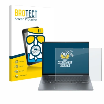 Face avant d’un emballage produit avec le logo de la marque BROTECT. À côté, l’appareil HP Dragonfly 13.5