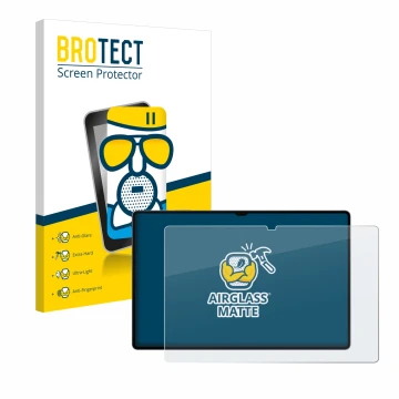 Face avant d’un emballage produit avec le logo de la marque BROTECT. À côté, l’appareil Samsung Galaxy Tab S10 Ultra 5G est re