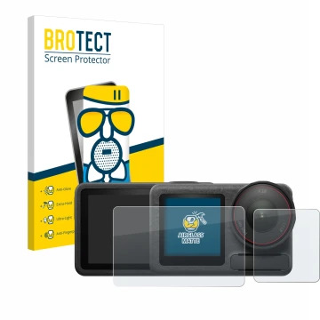 Face avant d’un emballage produit avec le logo de la marque BROTECT. À côté, l’appareil DJI Osmo Action 5 Pro (case-friendly) 