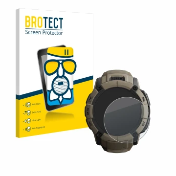 Face avant d’un emballage produit avec le logo de la marque BROTECT. À côté, l’appareil Garmin Instinct 2X Solar Tactical Edit