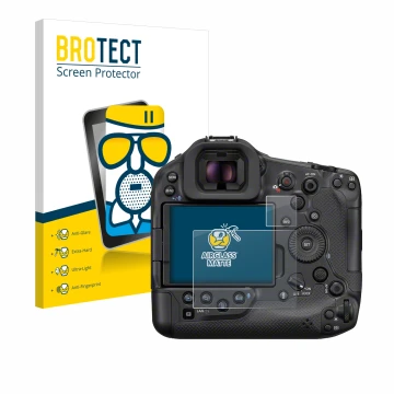 Face avant d’un emballage produit avec le logo de la marque BROTECT. À côté, l’appareil Canon EOS R1 est représenté avec la pr