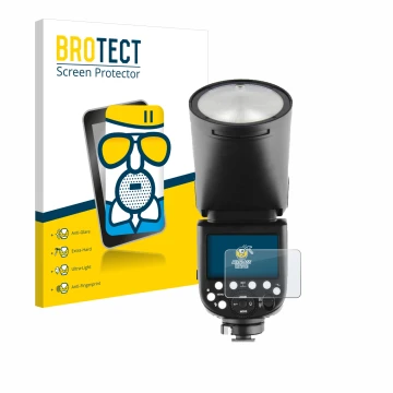 Face avant d’un emballage produit avec le logo de la marque BROTECT. À côté, l’appareil Godox TT685 II est représenté avec la 